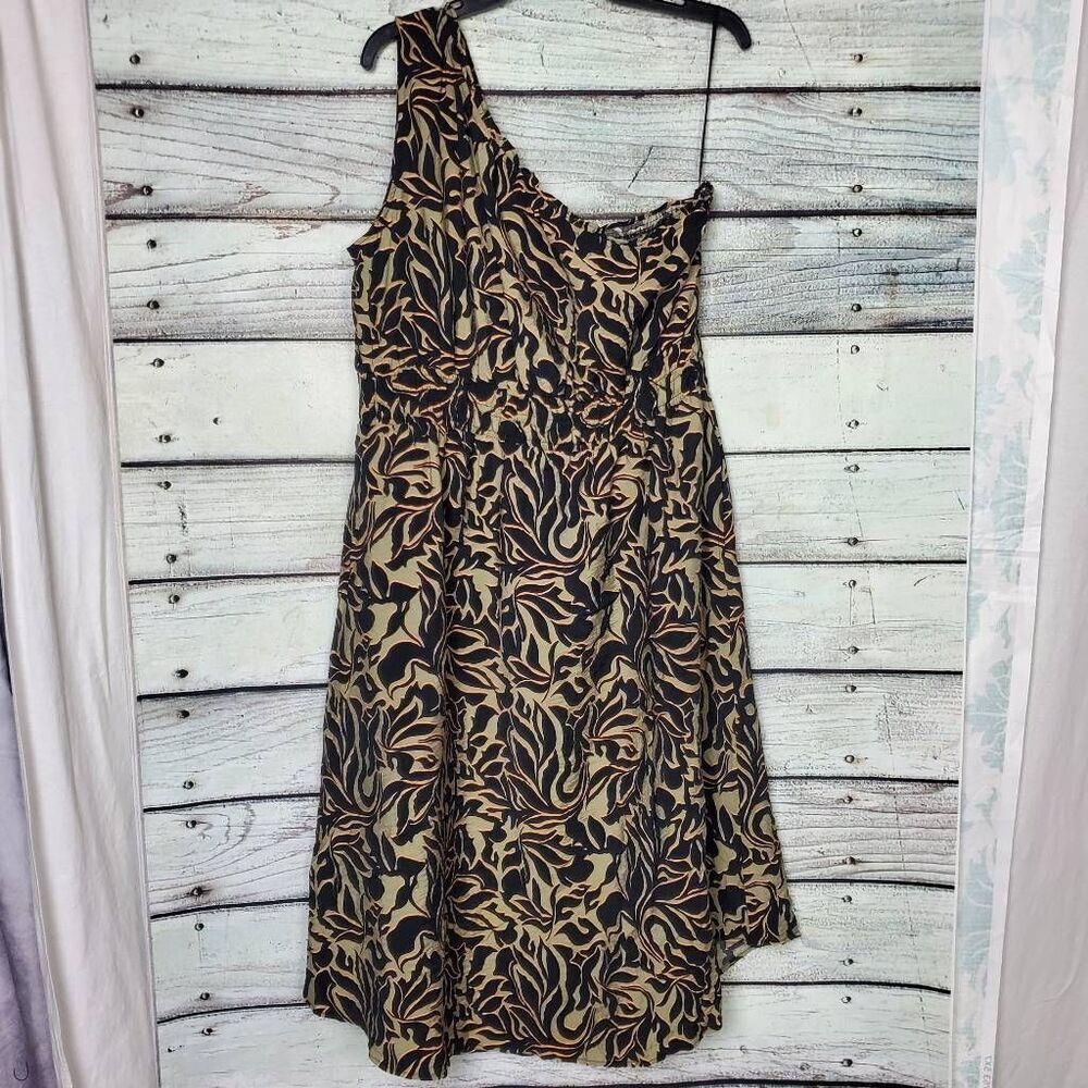 One-Shoulder Black and Tan Printed Women's Dress